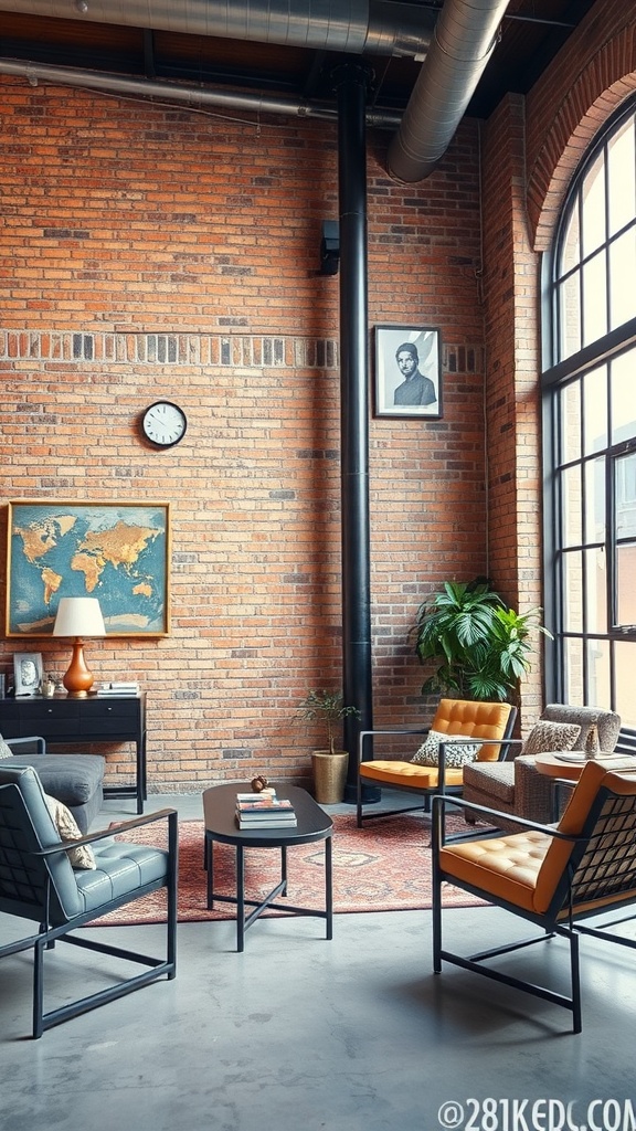 Stylish urban industrial loft living room with exposed brick walls and modern furniture.