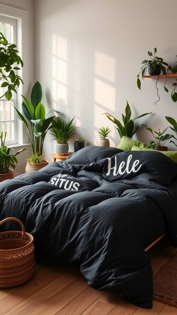 A cozy bedroom featuring a black comforter, surrounded by various indoor plants and natural light.