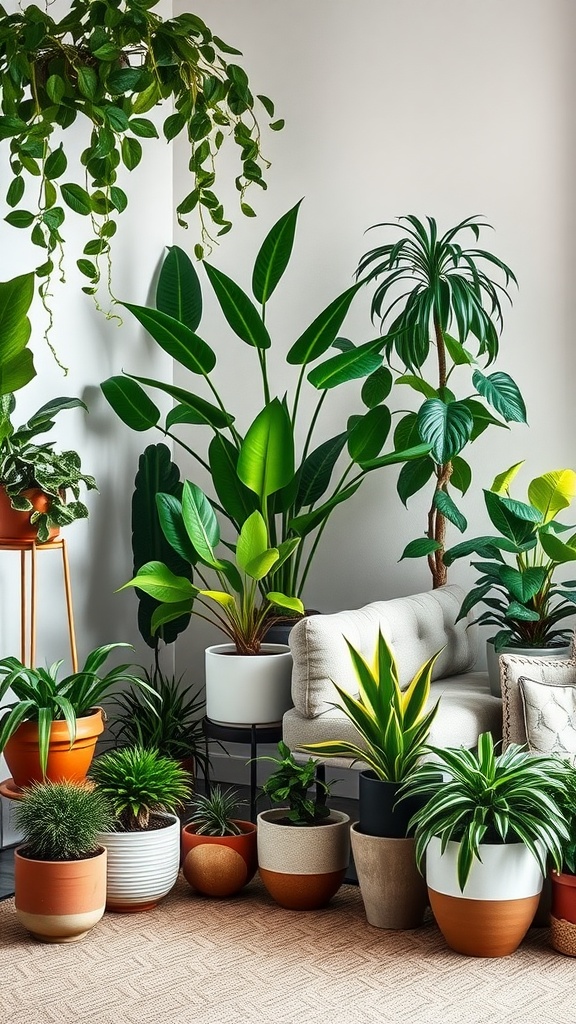 A living room filled with indoor plants in various pots, featuring a cozy sofa and hanging greenery.