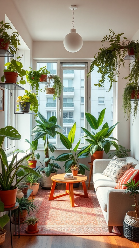 A bright living room filled with various indoor plants, featuring a cozy sofa, coffee table, and large windows.