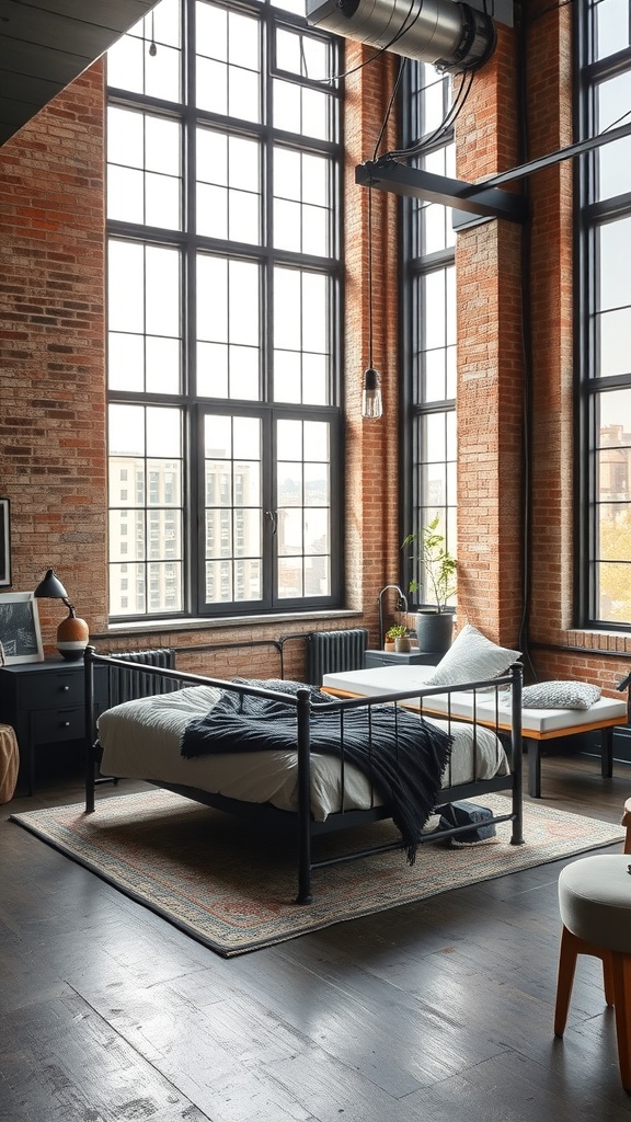 Urban loft bedroom featuring a black iron bed frame, exposed brick walls, and large windows.