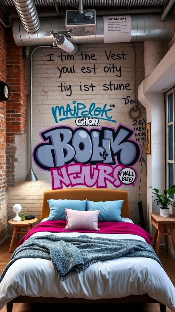 A stylish urban loft bedroom featuring graffiti art on the wall, a cozy bed with colorful pillows, and modern industrial decor.