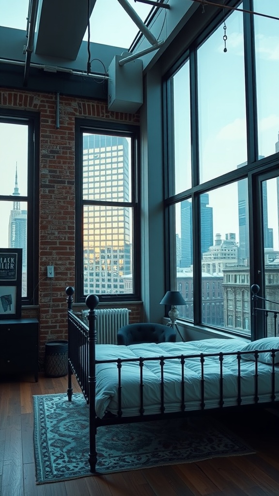 A stylish bedroom featuring a black metal bed frame, large windows with city views, and exposed brick walls.
