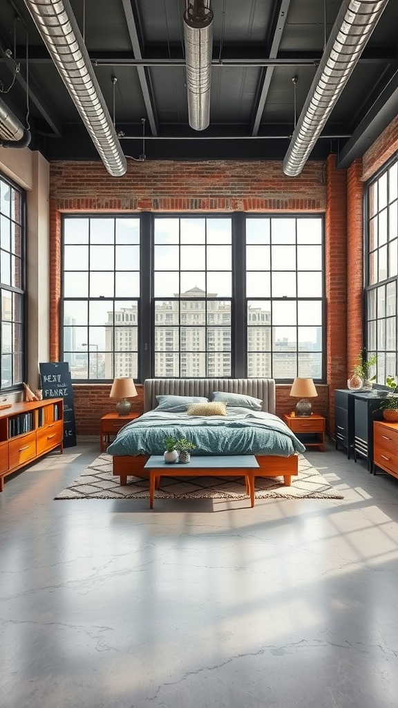 A stylish urban loft bedroom featuring exposed brick walls, large windows, and modern furniture.