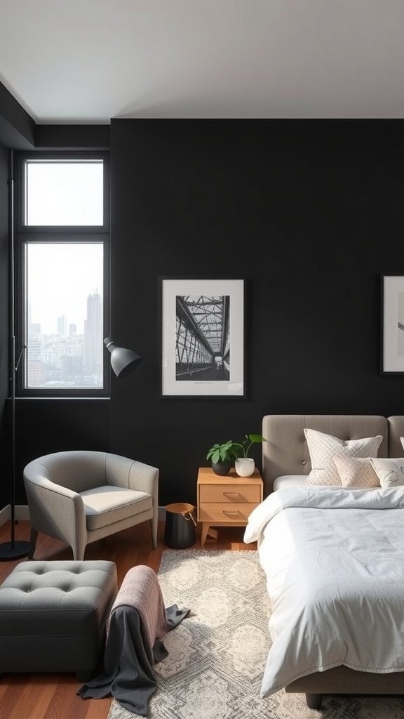 A stylish urban loft bedroom featuring a black accent wall, light furniture, and large windows.