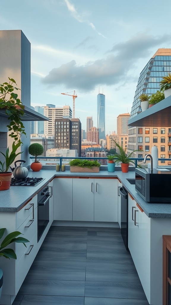 A modern urban rooftop kitchen with a city skyline view, featuring plants, sleek cabinetry, and a functional layout.