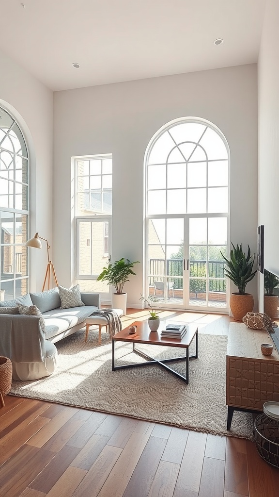 Bright 70s style living room featuring large arched windows, natural light, and plants.