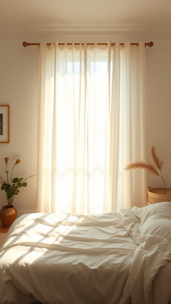 A bright boho bedroom with sheer curtains letting in natural light, a crumpled bed, and a plant beside the bed.