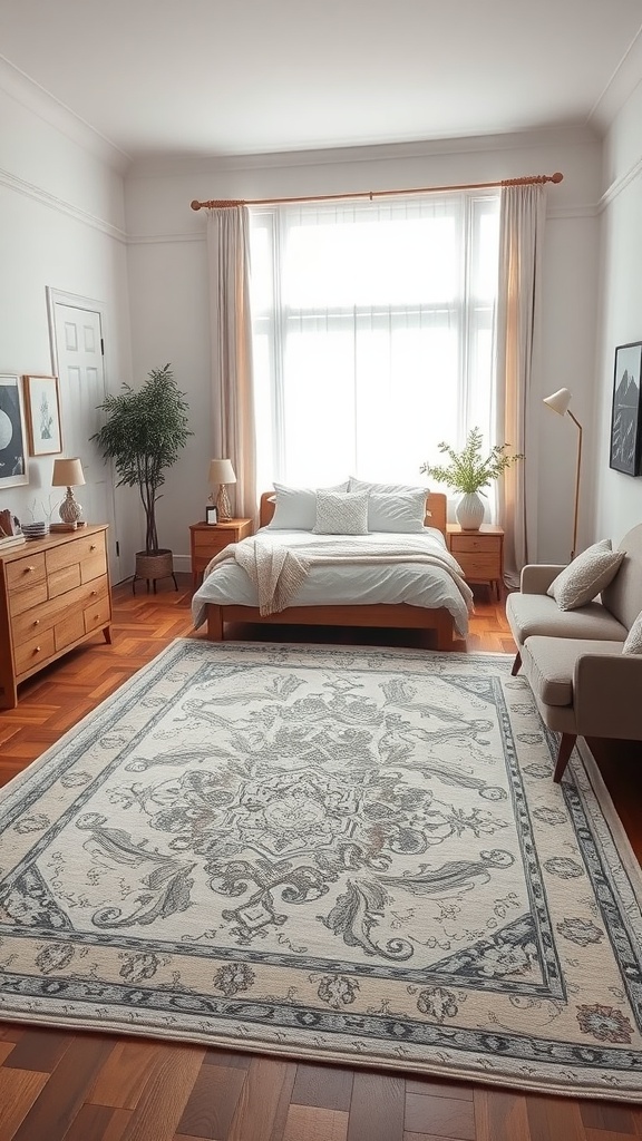 A cozy bedroom featuring a well-placed area rug, highlighting the bed and seating area with stylish decor and plants.