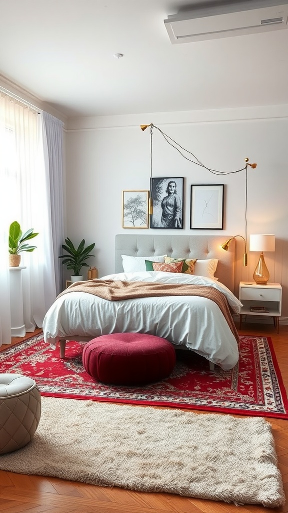 A bedroom featuring a large red area rug under the bed and a smaller beige rug near the foot of the bed.