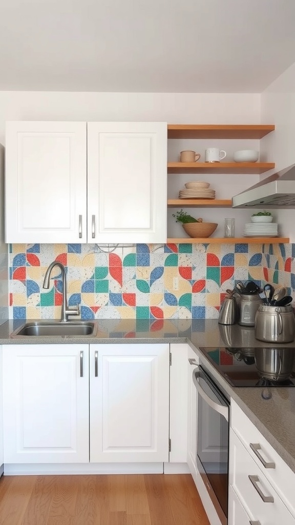 A small cozy kitchen featuring a colorful mosaic backsplash, white cabinets, and wooden shelves.