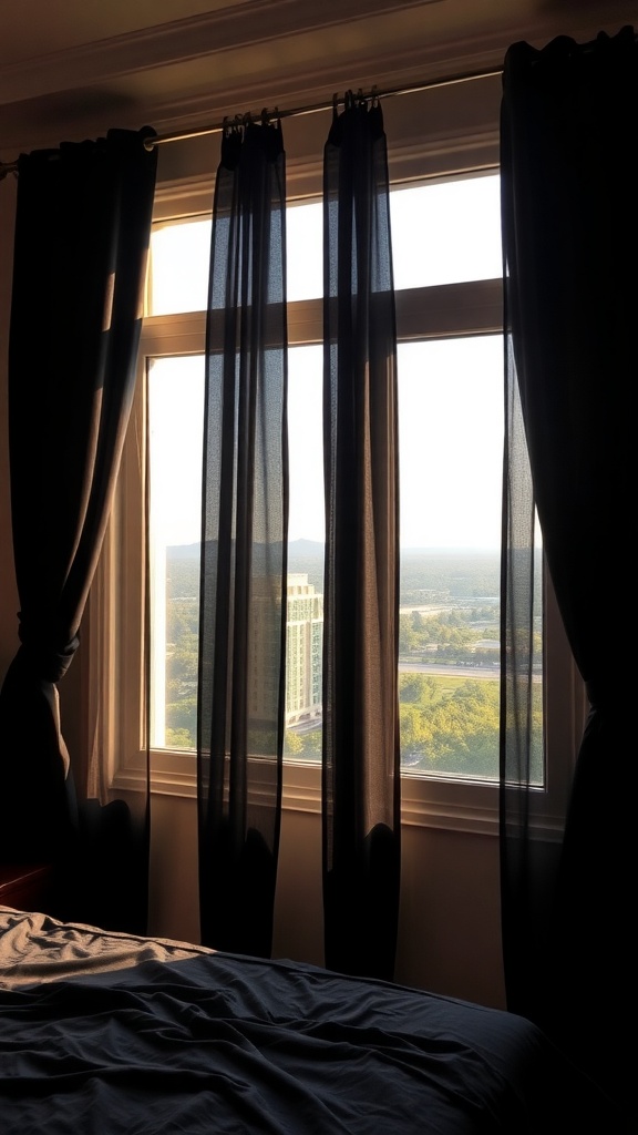 A bedroom window with sheer black curtains framing a scenic view outside.