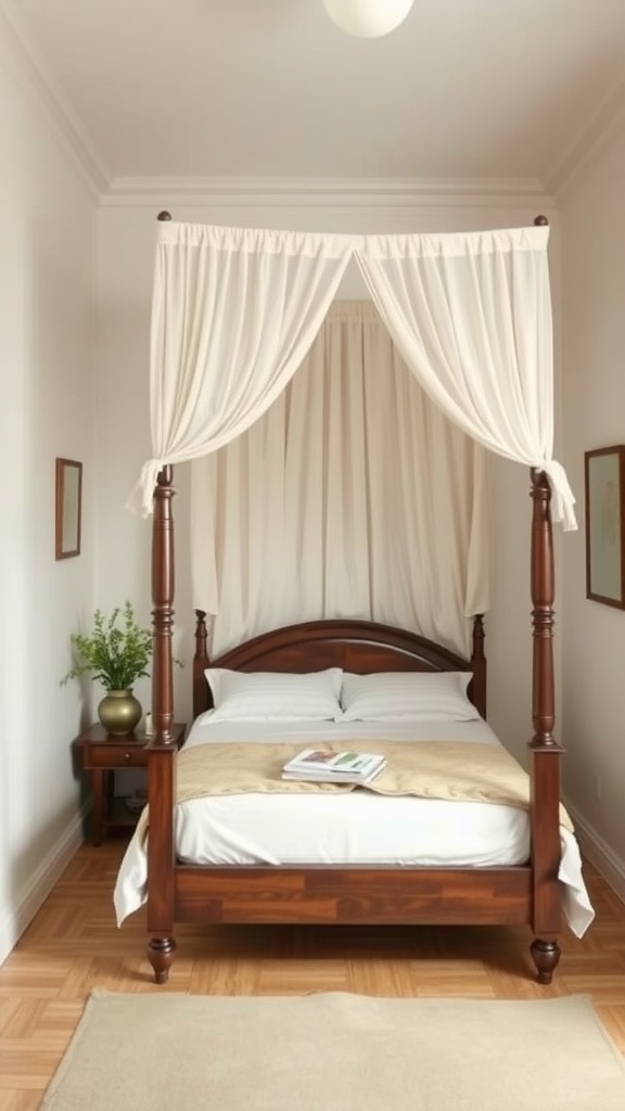 A cozy small bedroom featuring a wooden canopy bed with white drapes.