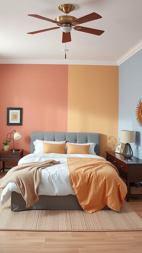 A cozy bedroom with a split color scheme featuring coral and light blue walls.