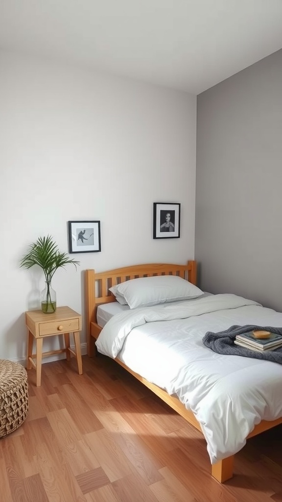 A cozy bedroom featuring a corner bed, a side table, and decorative elements.