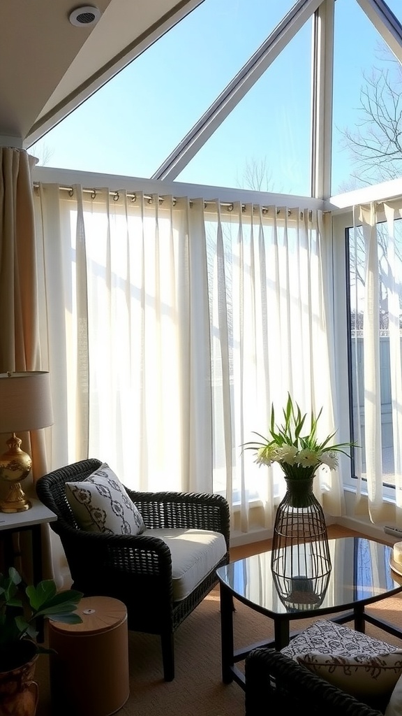A cozy sunroom featuring sheer white curtains, wicker chairs, and a plant arrangement.