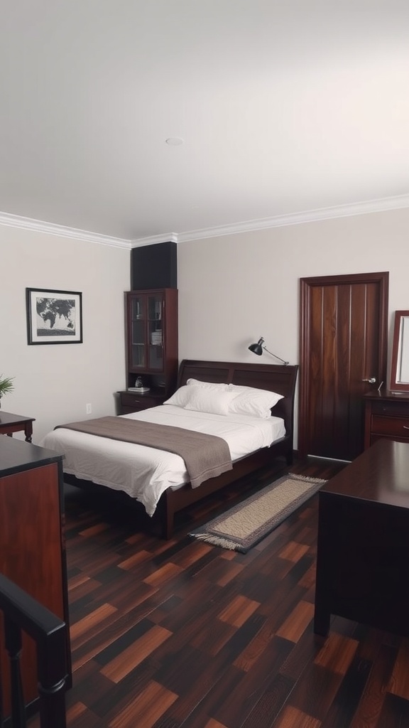 A cozy bedroom featuring dark wood furniture, including a bed, dresser, and flooring.