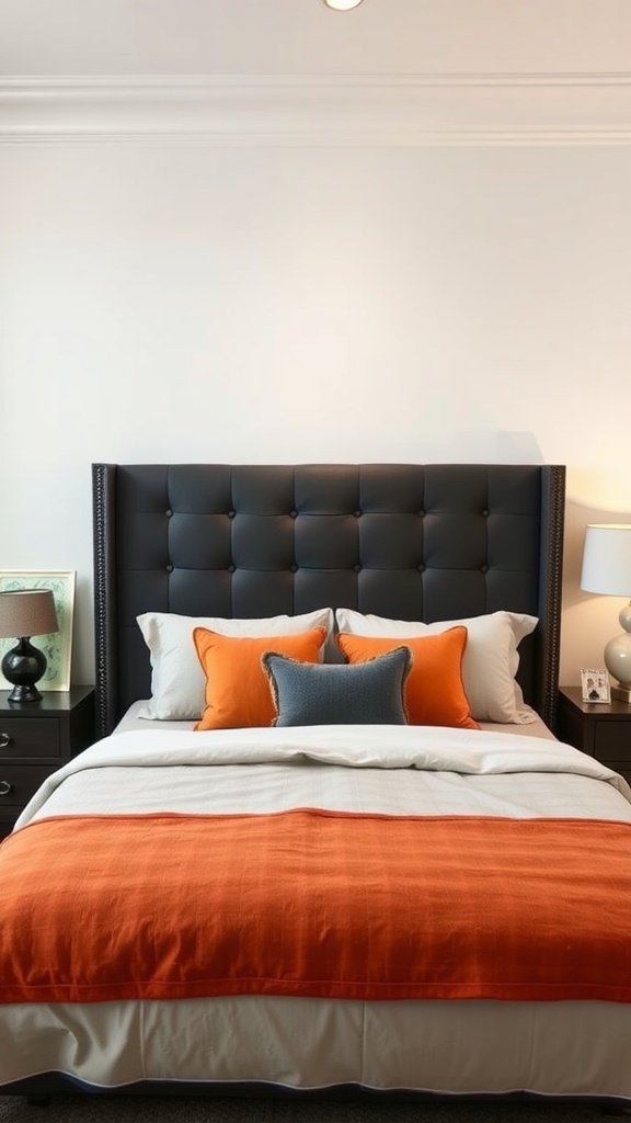 A stylish bedroom featuring a tufted black headboard with decorative cushions in orange and gray.