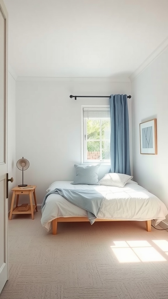 A small bedroom with light colors, featuring a bed, blue curtains, and a bedside table.