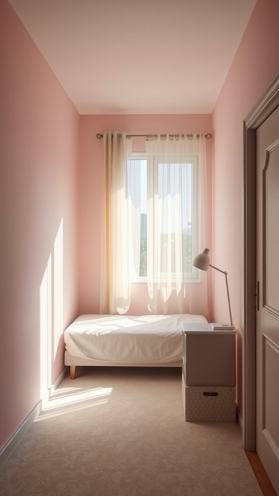A narrow bedroom with soft pink walls, a single bed, a nightstand, and a large window with sheer curtains.