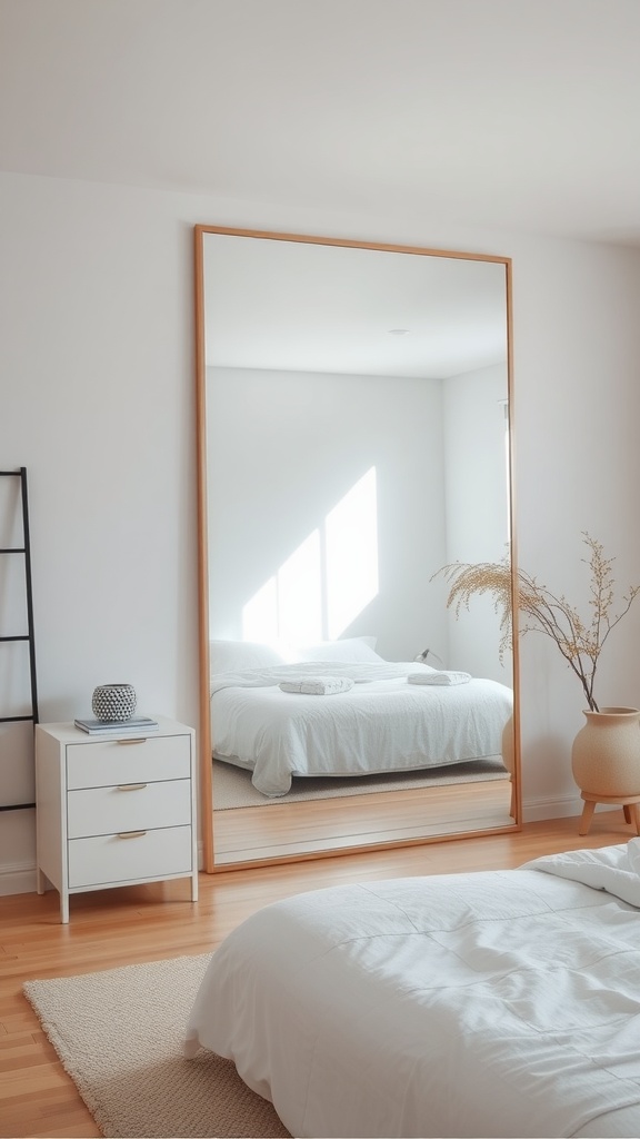 A minimalist bedroom with a large mirror reflecting the bed and natural light.