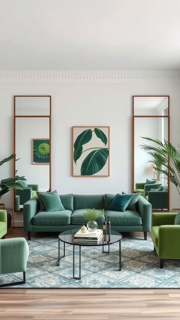 A green aesthetic living room featuring mirrors, green sofas, and plant decor.