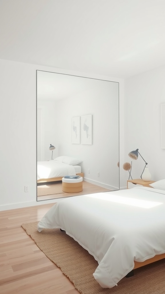 A minimalist bedroom featuring a large mirror reflecting the bed and decor.