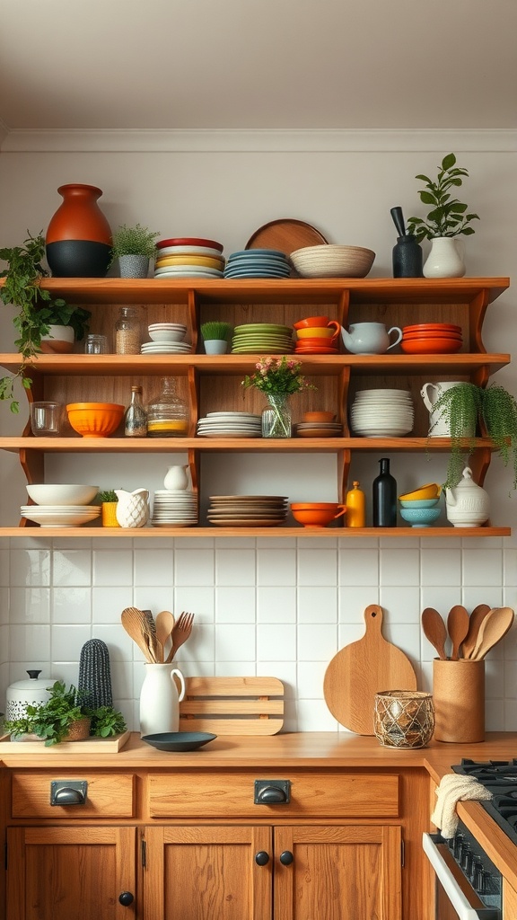 Open shelving in a cozy kitchen displaying colorful dishes and decorative items.
