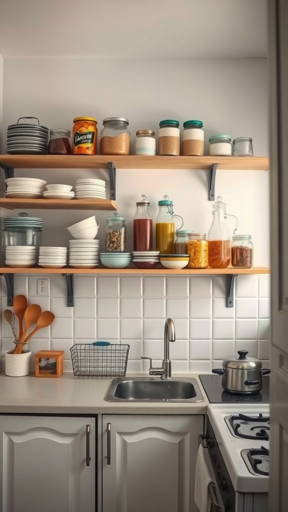 A cozy small kitchen featuring open shelving with plates and jars organized neatly.