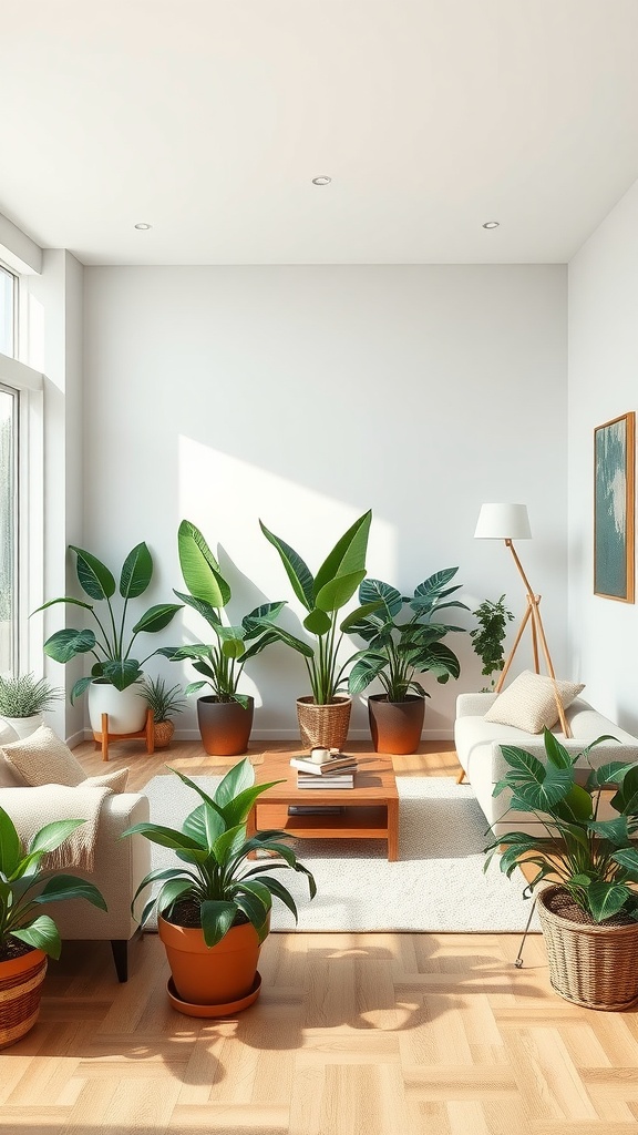 A bright living room filled with various indoor plants, showcasing a cozy and inviting atmosphere.