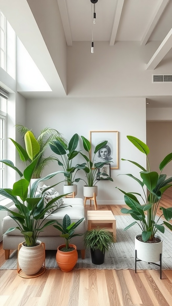 A cozy living room with various indoor plants defining the space.