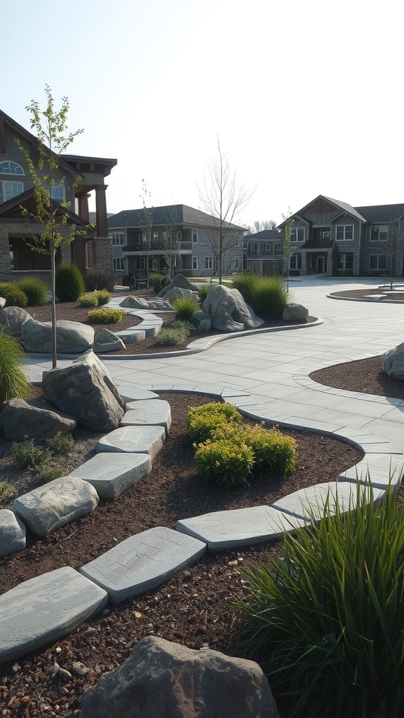 A landscaped outdoor area featuring rock beds, pathways, and greenery.