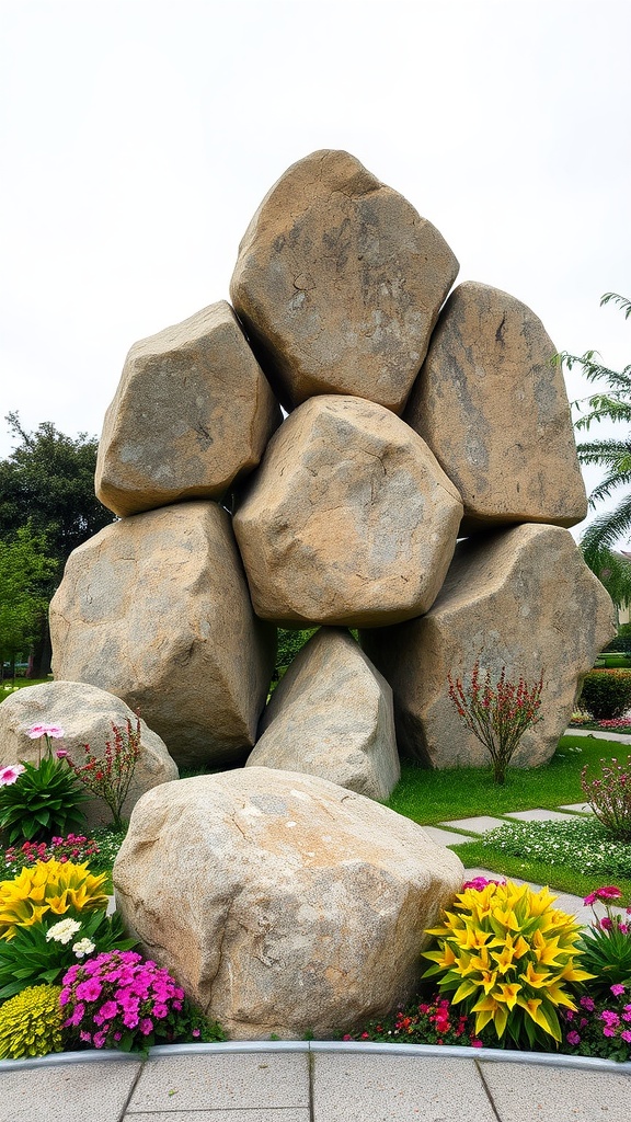 A stack of large rocks surrounded by colorful flowers in a garden.