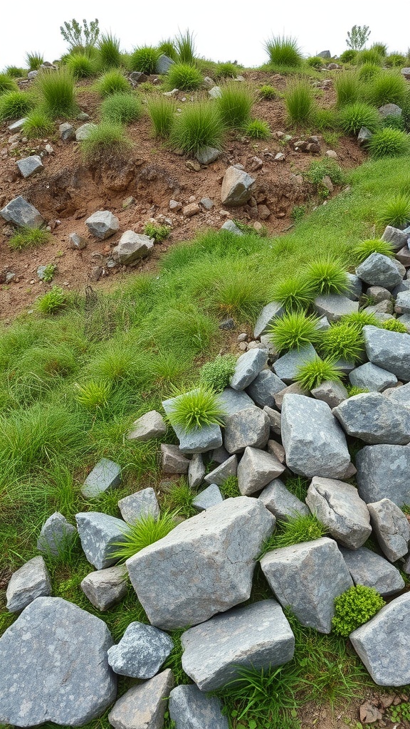 A landscape featuring large rocks and green grass on a slope, demonstrating erosion control.