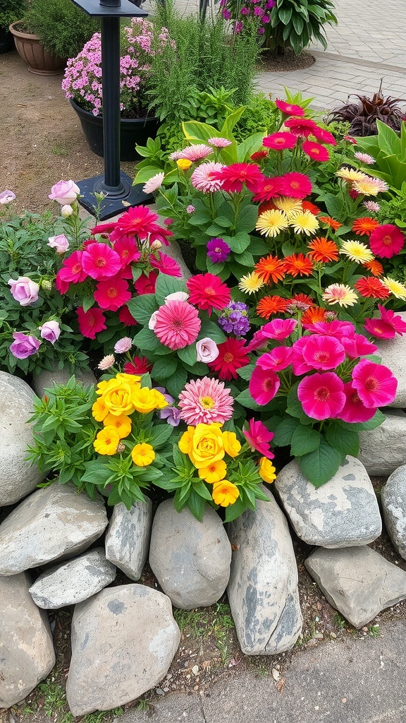 A colorful flower bed bordered by smooth rocks, showcasing vibrant blooms and greenery.