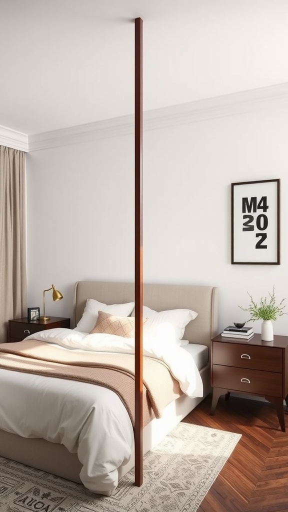 A bedroom with a wooden post acting as a room divider, creating a cozy and private space.