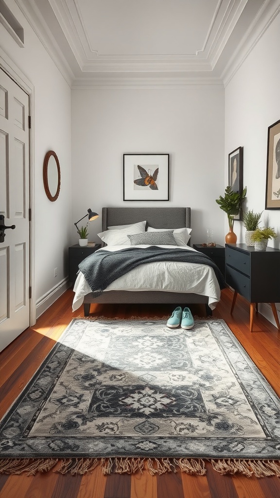 A narrow bedroom featuring a bed with a stylish area rug beneath, creating a cozy and defined space.