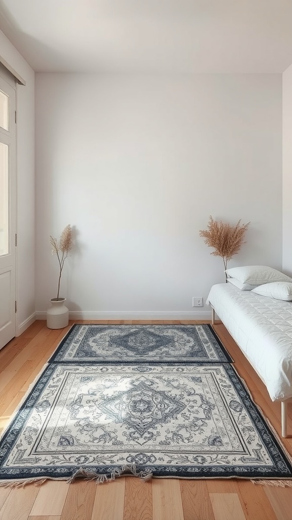 A small bedroom featuring a decorative rug, a bed, and a plant.