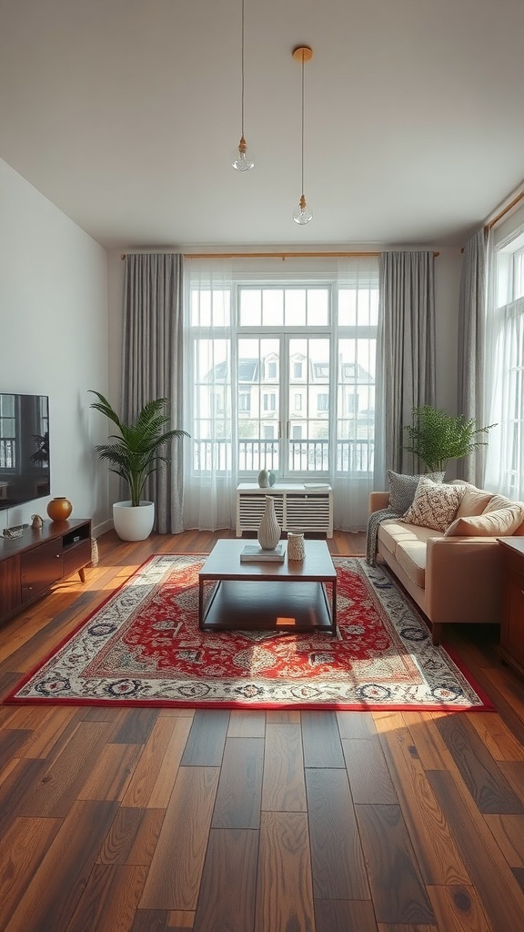 Cozy living room with a patterned rug, sofa, and plants.