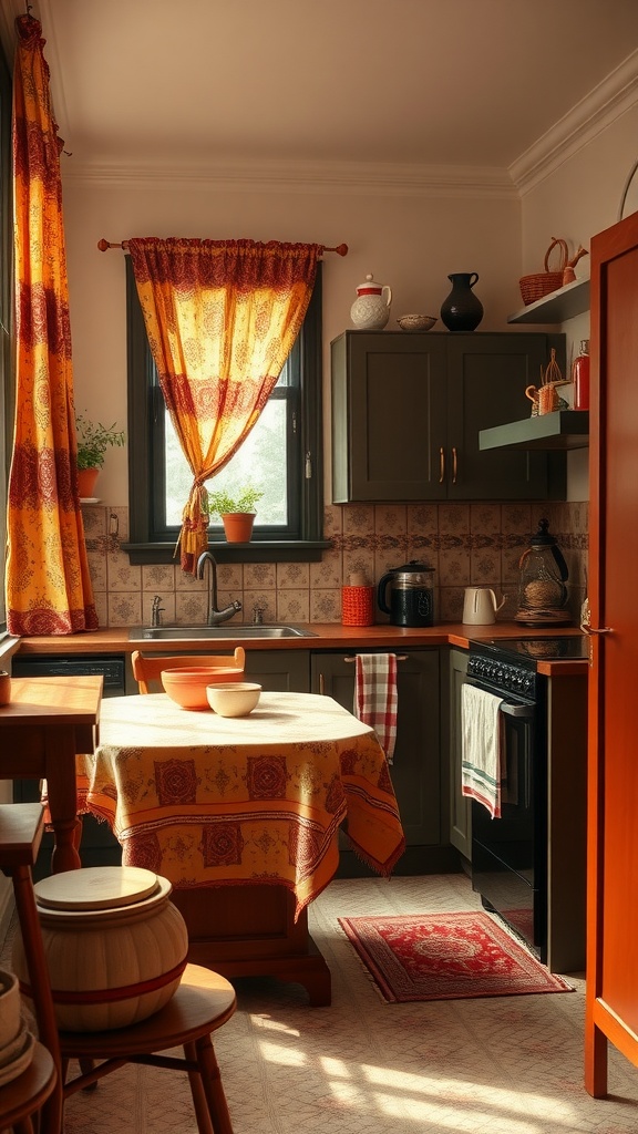 A cozy small kitchen with vibrant orange curtains and a tablecloth, showcasing a warm and inviting atmosphere.