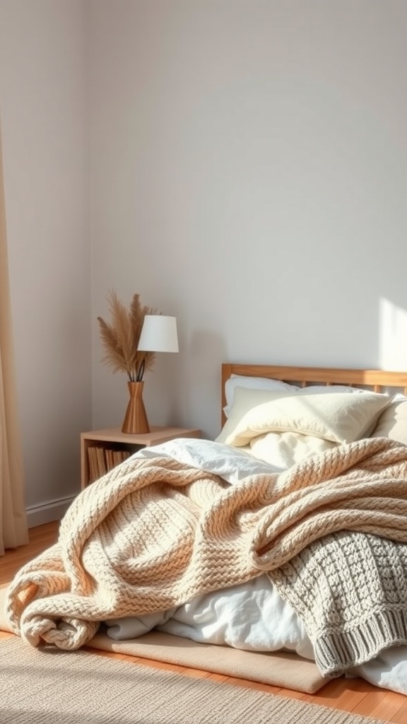 Cozy minimalist bedroom featuring soft blankets, a wooden nightstand, and decorative elements.