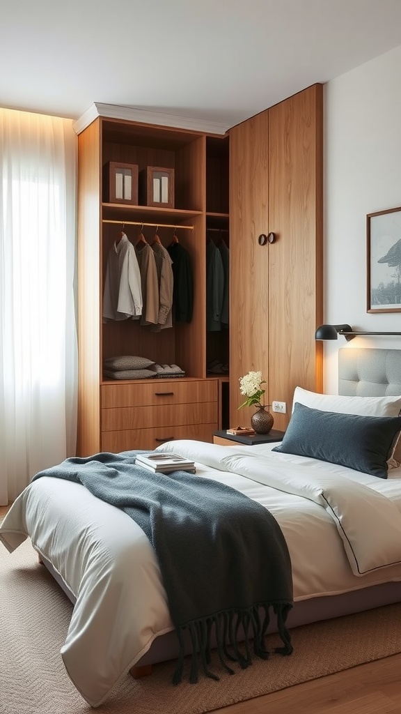 A cozy small bedroom with a built-in wardrobe, featuring wooden finish and neatly organized storage.