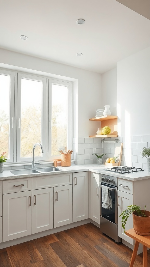 A bright small kitchen with large windows, white cabinets, and wooden floors