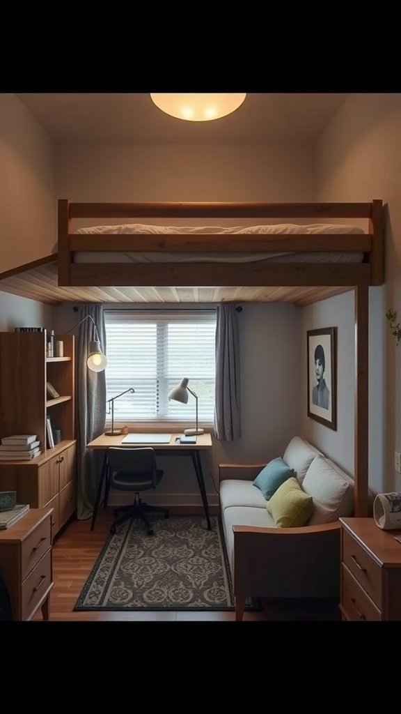 A cozy bedroom featuring a lofted bed with a workspace underneath, showcasing effective use of space.