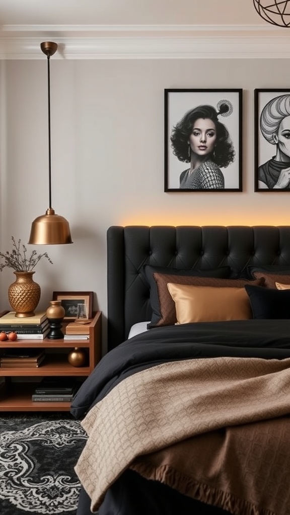 A stylish black and brown bedroom featuring metallic accents, including a gold lamp and decorative pieces.