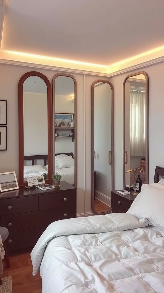 A cozy bedroom with multiple decorative mirrors, a comfortable bed, and stylish furniture.