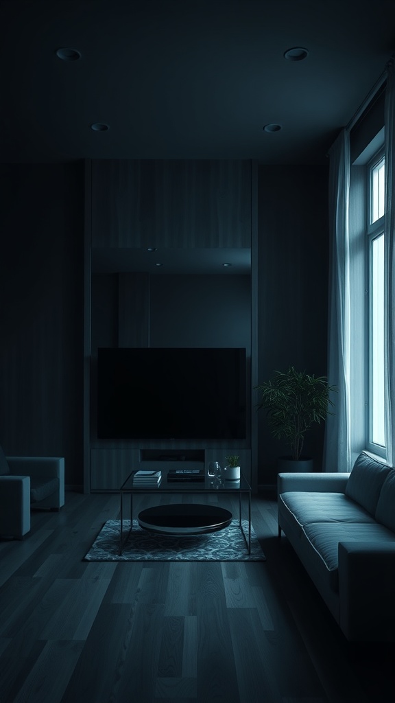 A modern dark living room featuring a television, a sofa, and a plant, illuminated by natural light.