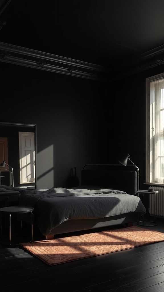 A dark bedroom featuring black furniture, a large mirror, and natural light streaming through the window.