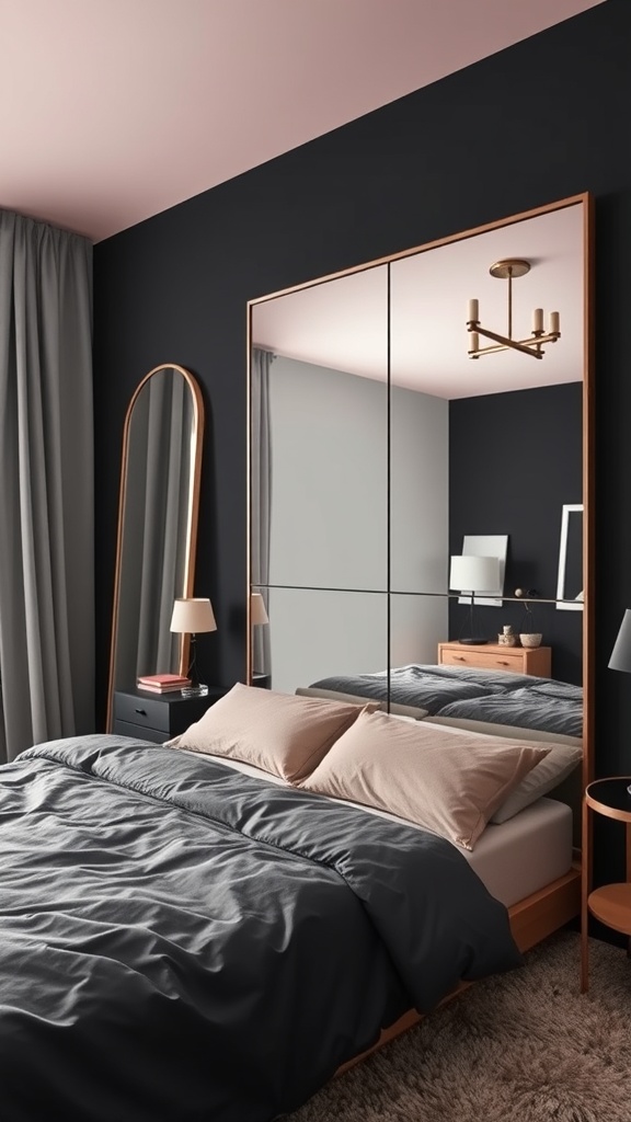 A stylish bedroom featuring black walls, a pink ceiling, grey bedding, and mirrors that enhance the space.