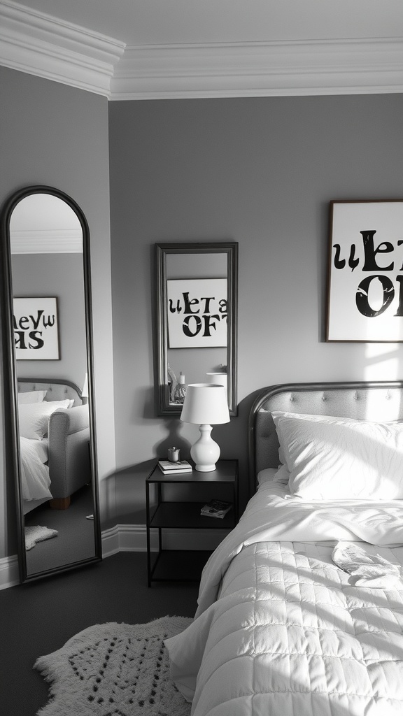 A cozy black and white bedroom featuring a tall mirror, stylish decor, and a comfortable bed.